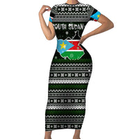 South Sudan Christmas Family Matching Short Sleeve Bodycon Dress and Hawaiian Shirt with National Map, Flag Colors, and Sleeping Rhino Motif - Wonder Print Shop