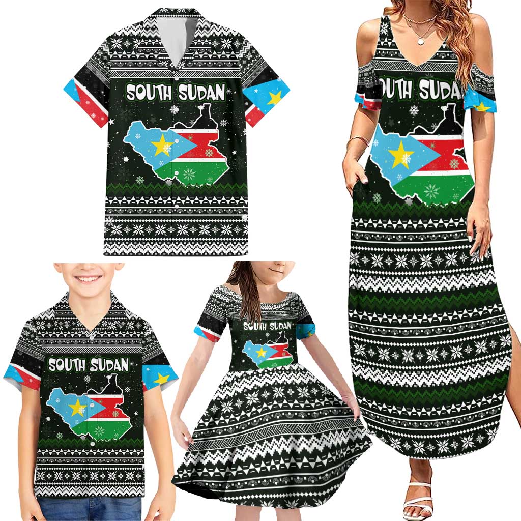 South Sudan Christmas Family Matching Summer Maxi Dress and Hawaiian Shirt with National Map, Flag Colors, and Sleeping Rhino Motif - Wonder Print Shop