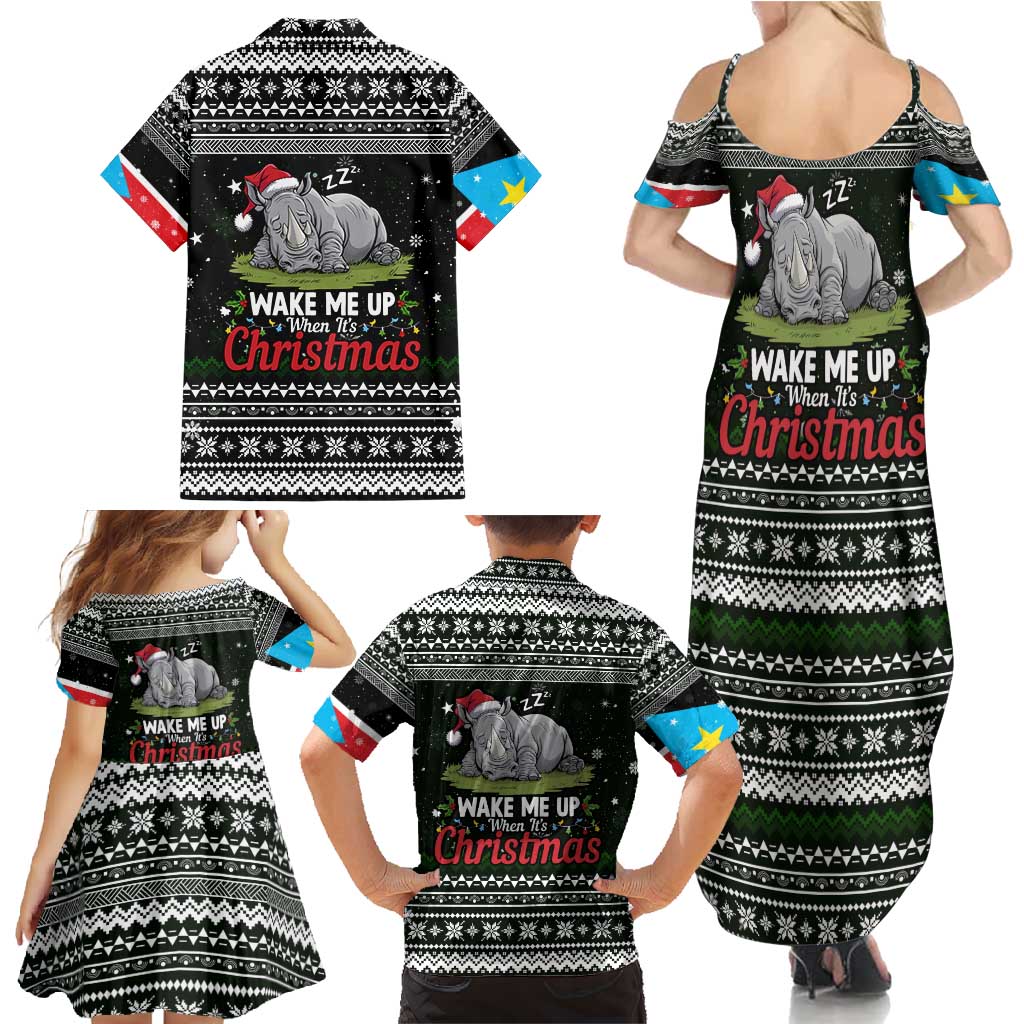 South Sudan Christmas Family Matching Summer Maxi Dress and Hawaiian Shirt with National Map, Flag Colors, and Sleeping Rhino Motif - Wonder Print Shop