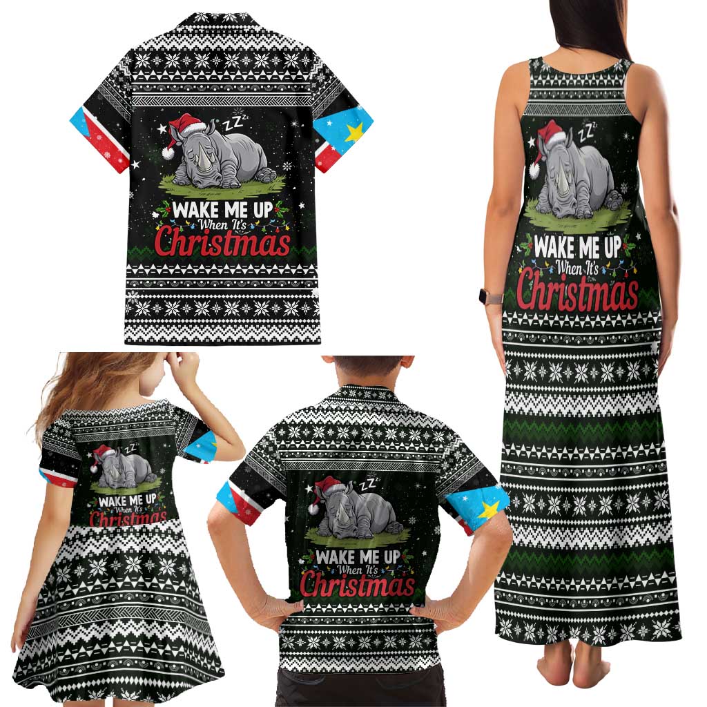 South Sudan Christmas Family Matching Tank Maxi Dress and Hawaiian Shirt with National Map, Flag Colors, and Sleeping Rhino Motif - Wonder Print Shop