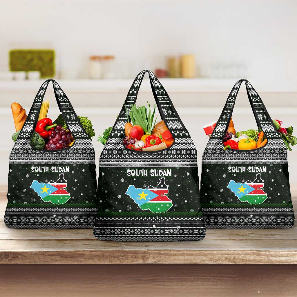 South Sudan Christmas Grocery Bag with National Map, Flag Colors, and Sleeping Rhino Motif - Wonder Print Shop