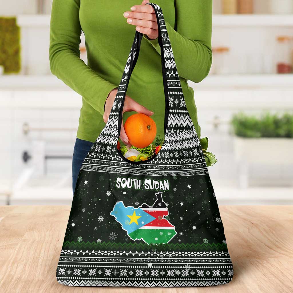 South Sudan Christmas Grocery Bag with National Map, Flag Colors, and Sleeping Rhino Motif - Wonder Print Shop