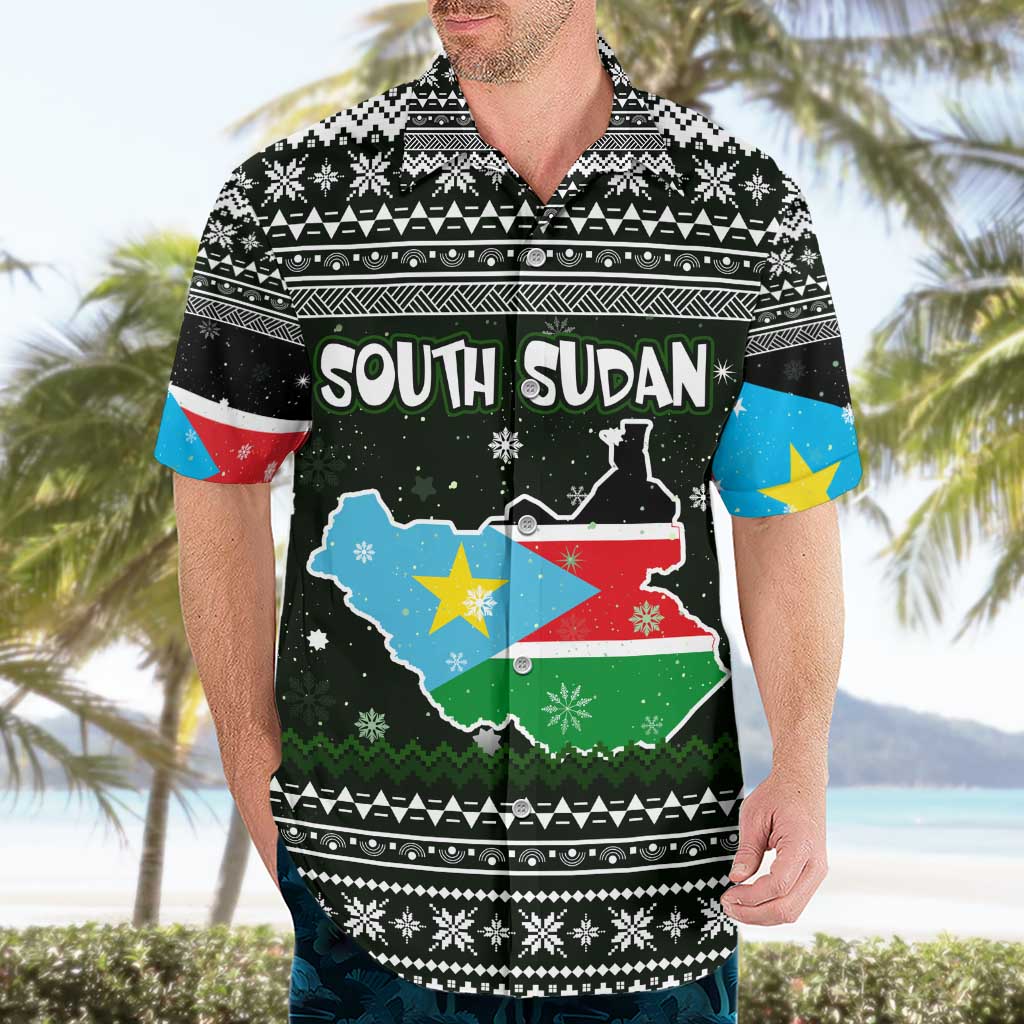 South Sudan Christmas Hawaiian Shirt with National Map, Flag Colors, and Sleeping Rhino Motif - Wonder Print Shop