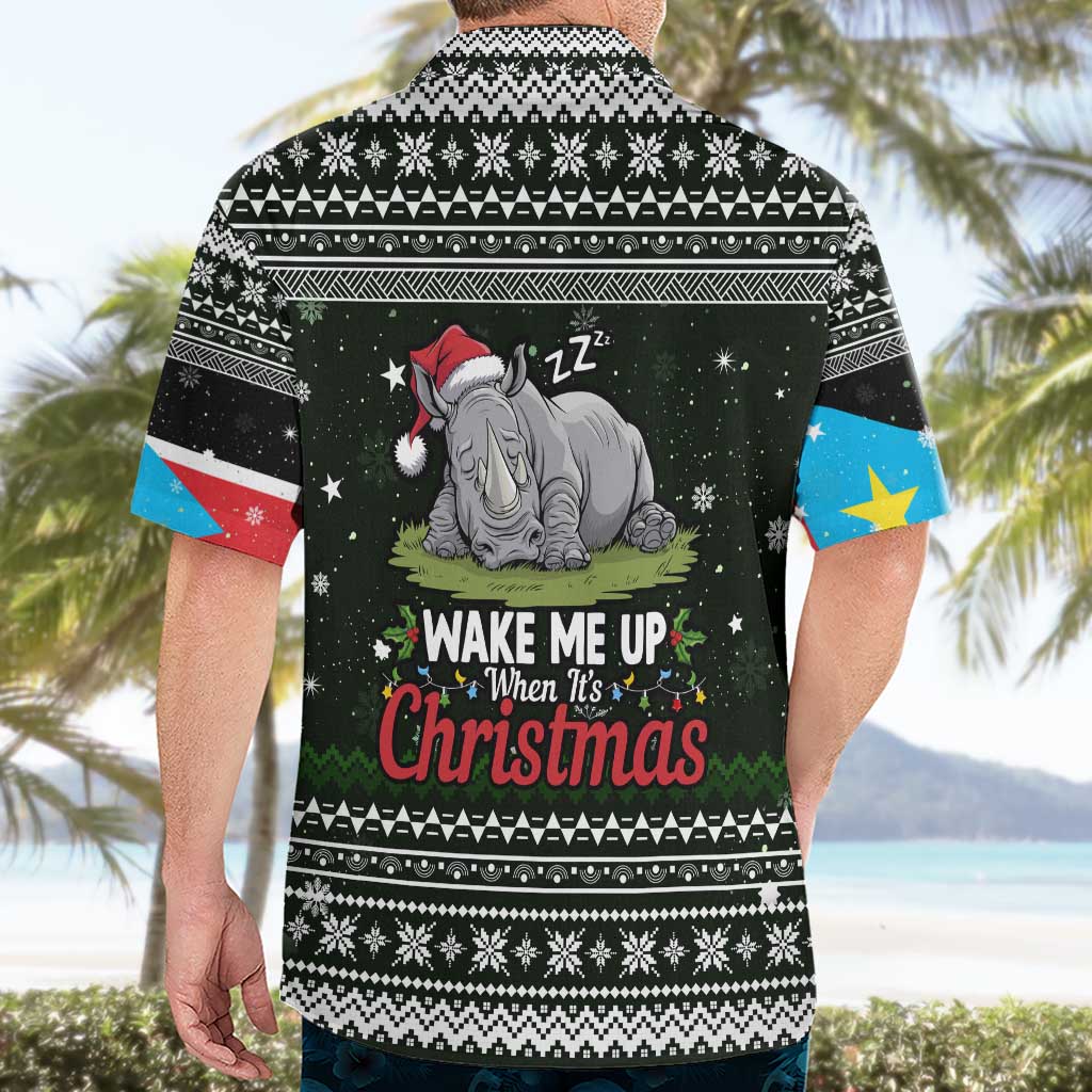 South Sudan Christmas Hawaiian Shirt with National Map, Flag Colors, and Sleeping Rhino Motif - Wonder Print Shop
