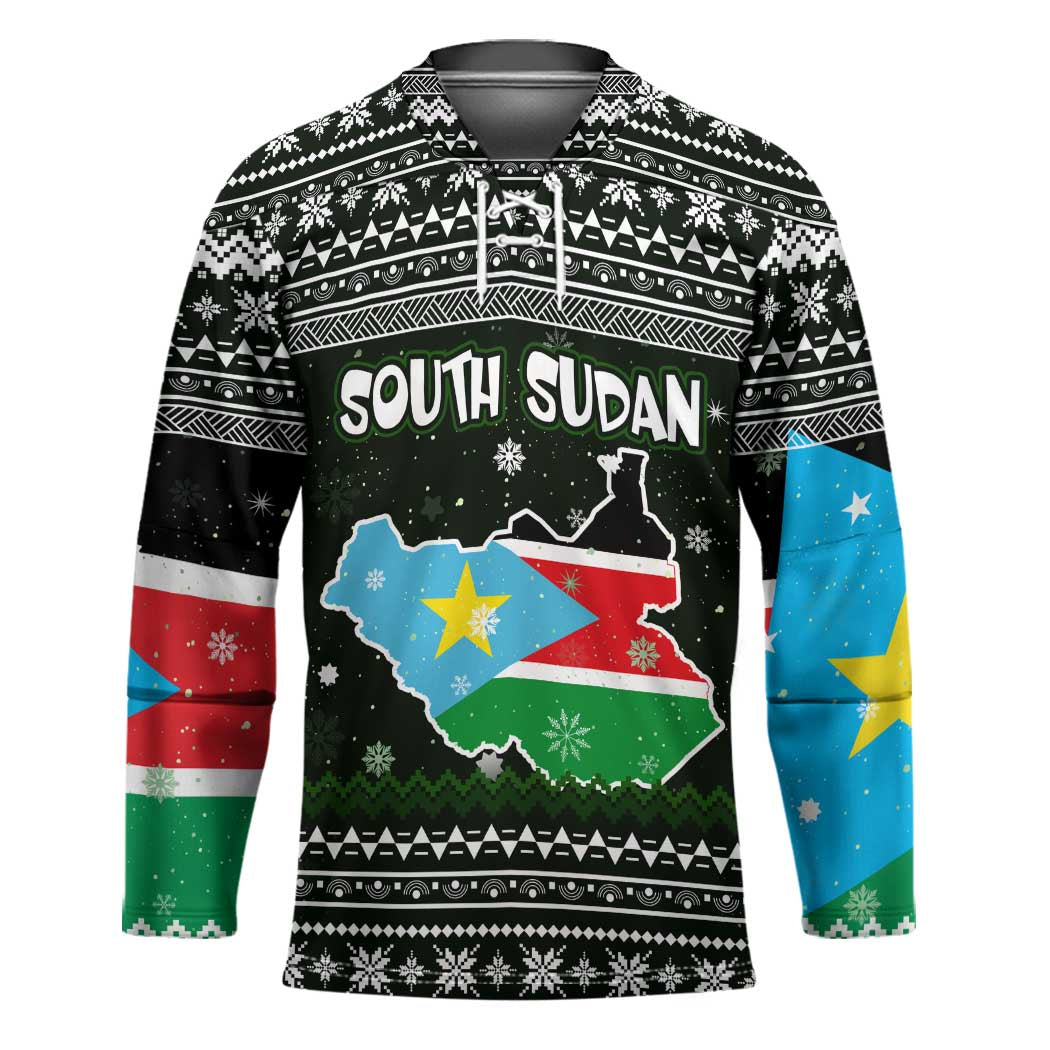 South Sudan Christmas Hockey Jersey with National Map, Flag Colors, and Sleeping Rhino Motif - Wonder Print Shop