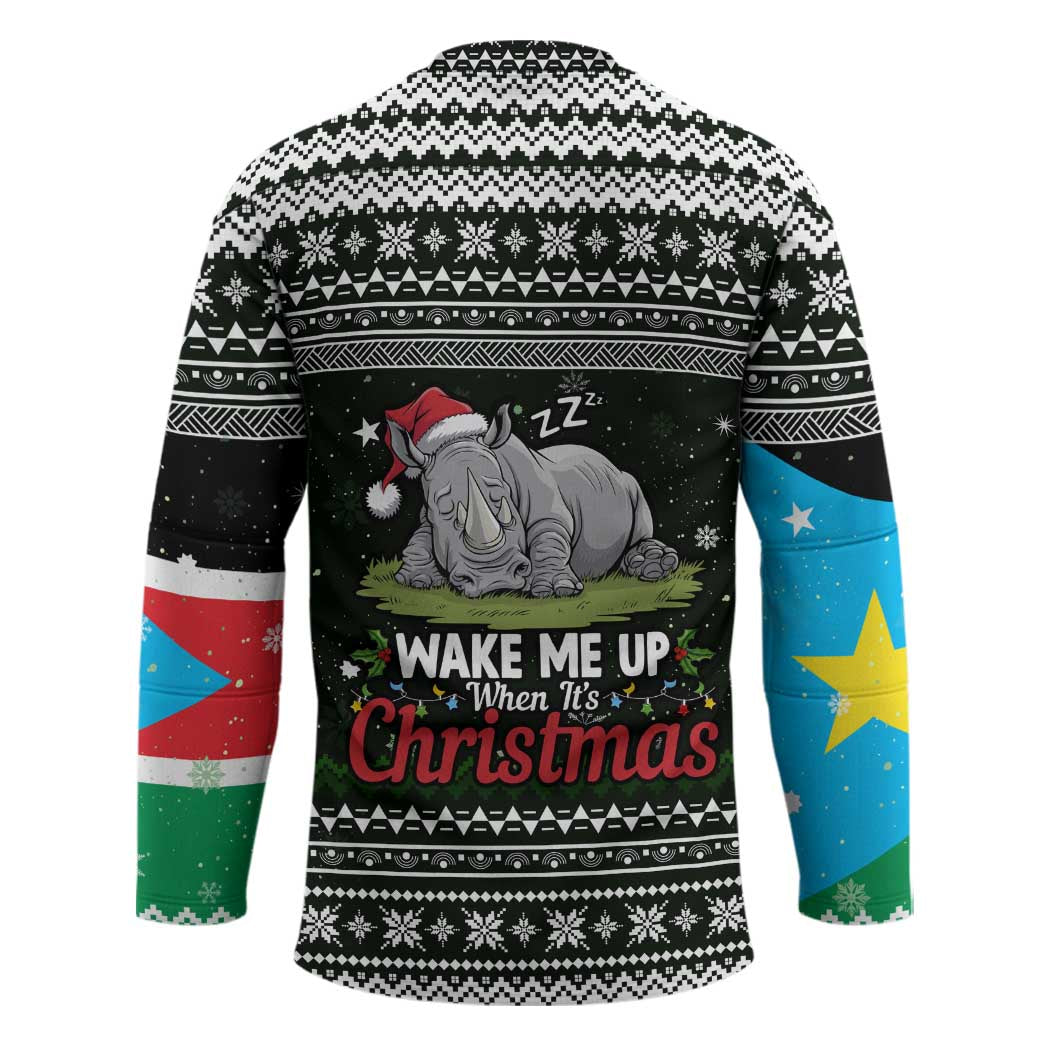 South Sudan Christmas Hockey Jersey with National Map, Flag Colors, and Sleeping Rhino Motif - Wonder Print Shop
