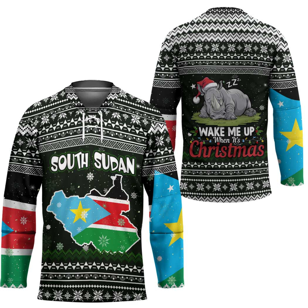 South Sudan Christmas Hockey Jersey with National Map, Flag Colors, and Sleeping Rhino Motif - Wonder Print Shop