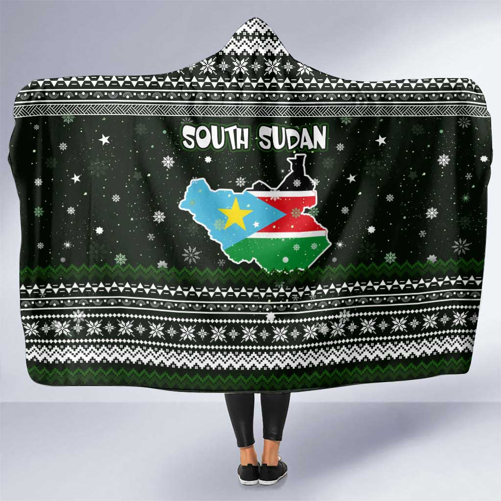 South Sudan Christmas Hooded Blanket with National Map, Flag Colors, and Sleeping Rhino Motif - Wonder Print Shop