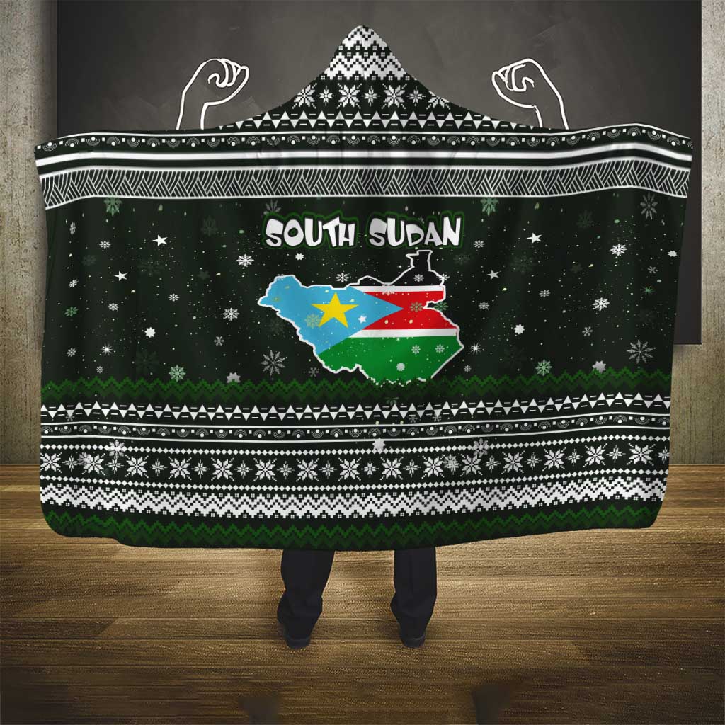 South Sudan Christmas Hooded Blanket with National Map, Flag Colors, and Sleeping Rhino Motif - Wonder Print Shop