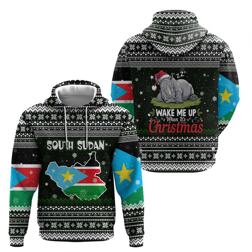 South Sudan Christmas Hoodie with National Map, Flag Colors, and Sleeping Rhino Motif - Wonder Print Shop