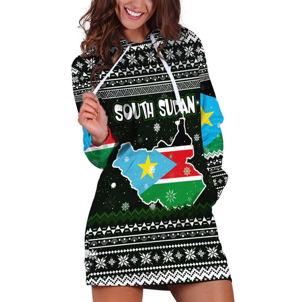 South Sudan Christmas Hoodie Dress with National Map, Flag Colors, and Sleeping Rhino Motif - Wonder Print Shop
