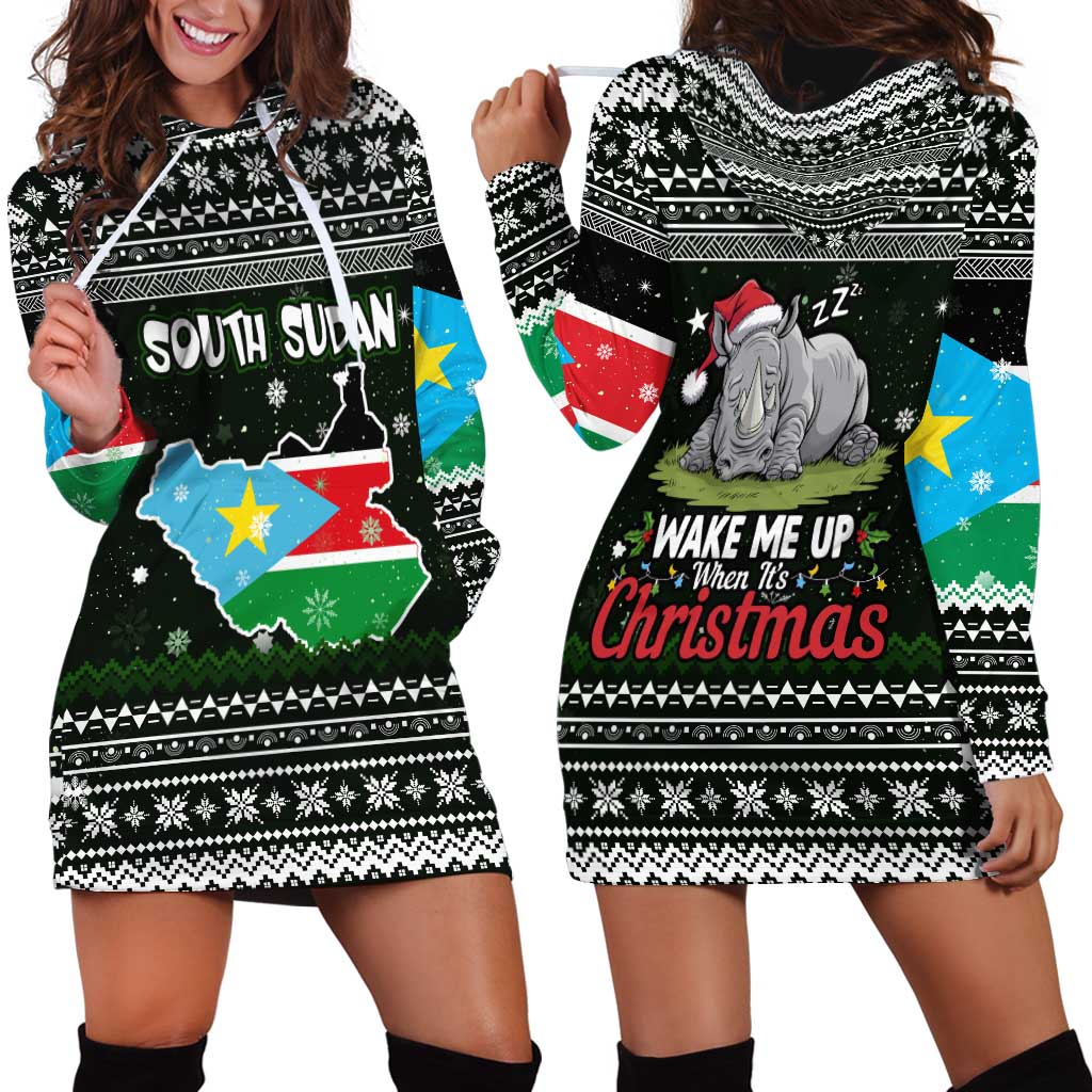 South Sudan Christmas Hoodie Dress with National Map, Flag Colors, and Sleeping Rhino Motif - Wonder Print Shop