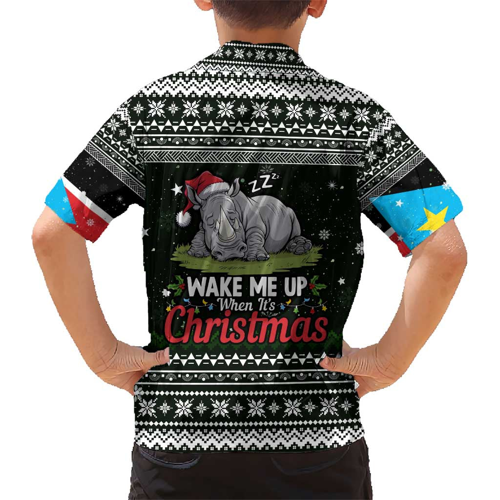 South Sudan Christmas Kid Hawaiian Shirt with National Map, Flag Colors, and Sleeping Rhino Motif - Wonder Print Shop