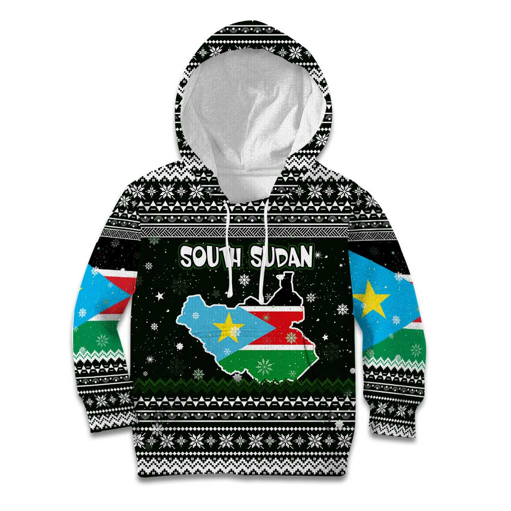 South Sudan Christmas Kid Hoodie with National Map, Flag Colors, and Sleeping Rhino Motif - Wonder Print Shop