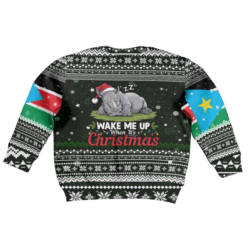 South Sudan Christmas Kid Ugly Christmas Sweater with National Map, Flag Colors, and Sleeping Rhino Motif - Wonder Print Shop