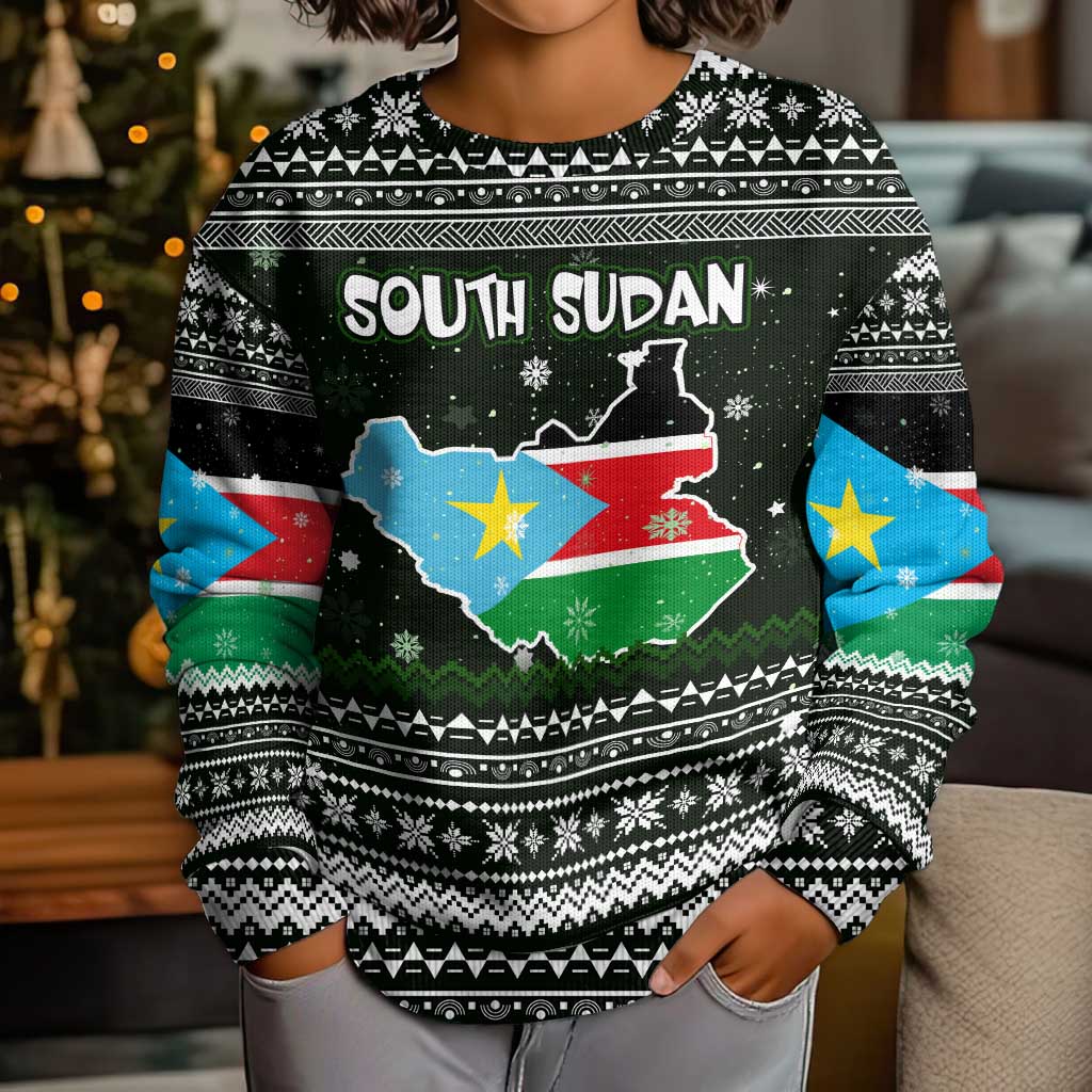 South Sudan Christmas Kid Ugly Christmas Sweater with National Map, Flag Colors, and Sleeping Rhino Motif - Wonder Print Shop