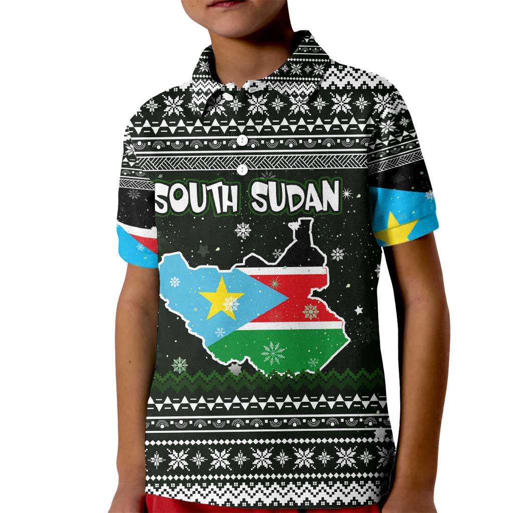 South Sudan Christmas Kid Polo Shirt with National Map, Flag Colors, and Sleeping Rhino Motif - Wonder Print Shop