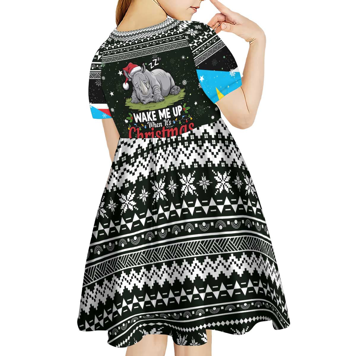 South Sudan Christmas Kid Short Sleeve Dress with National Map, Flag Colors, and Sleeping Rhino Motif - Wonder Print Shop