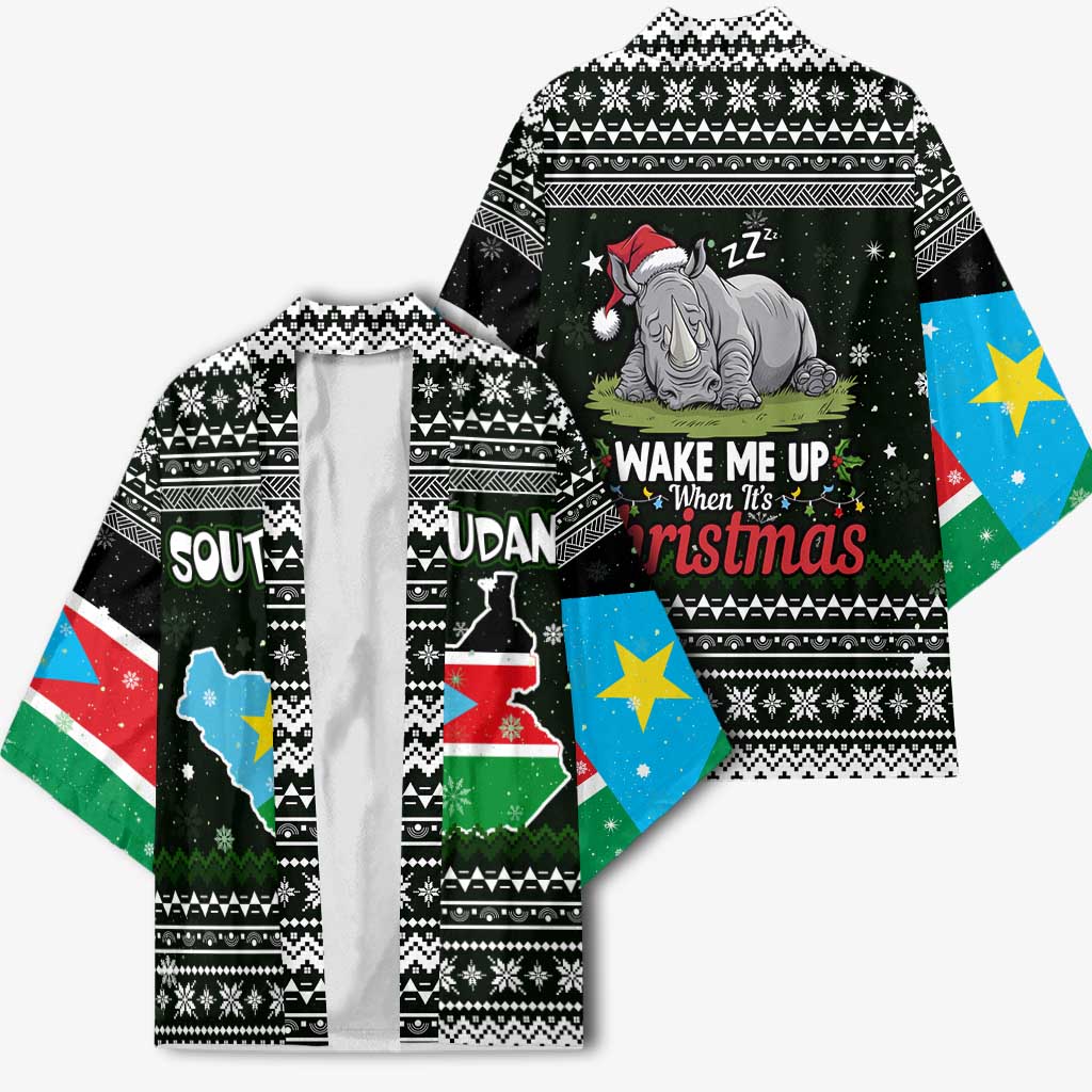 South Sudan Christmas Kimono with National Map, Flag Colors, and Sleeping Rhino Motif - Wonder Print Shop