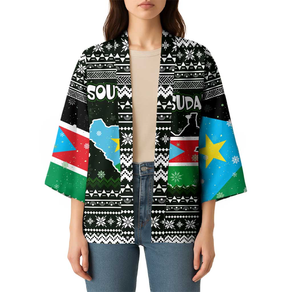 South Sudan Christmas Kimono with National Map, Flag Colors, and Sleeping Rhino Motif - Wonder Print Shop