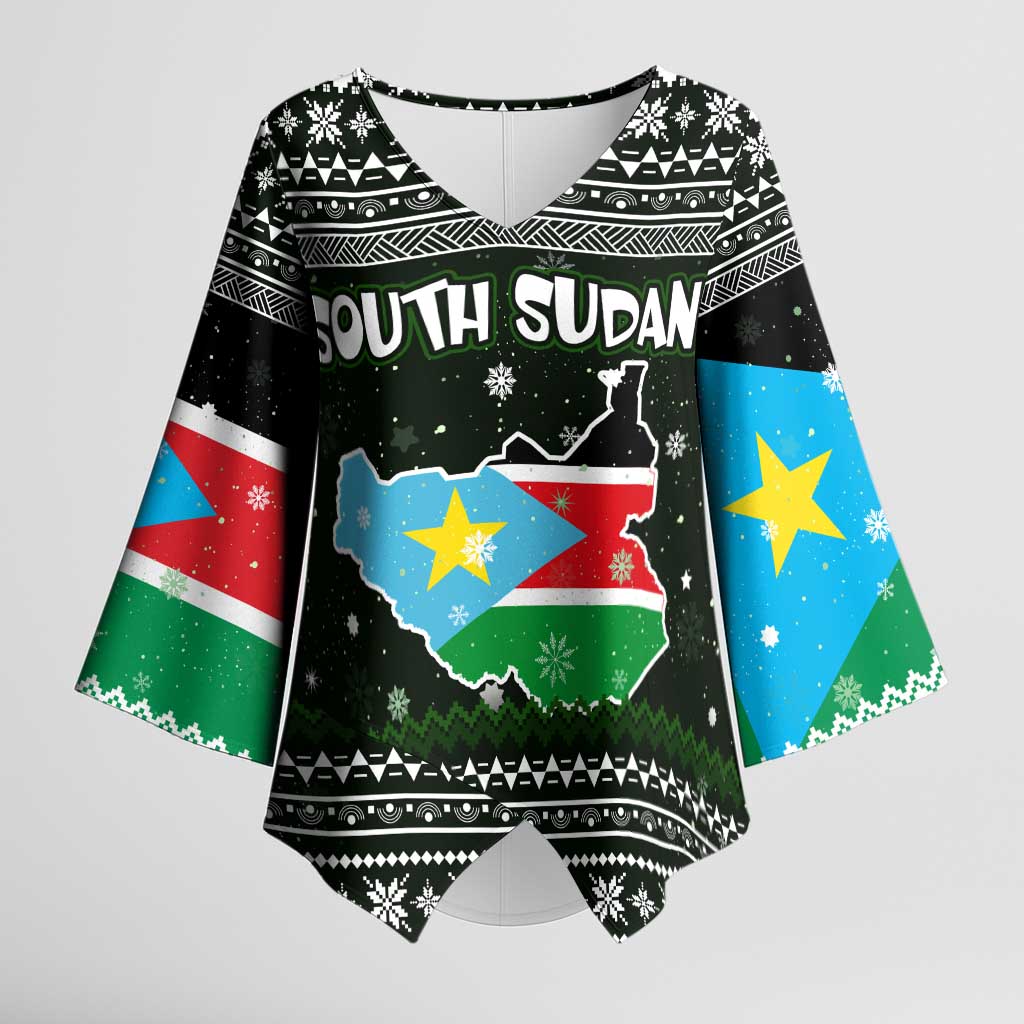 South Sudan Christmas Kimono Sleeve Blouse with National Map, Flag Colors, and Sleeping Rhino Motif - Wonder Print Shop
