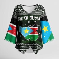 South Sudan Christmas Kimono Sleeve Blouse with National Map, Flag Colors, and Sleeping Rhino Motif - Wonder Print Shop