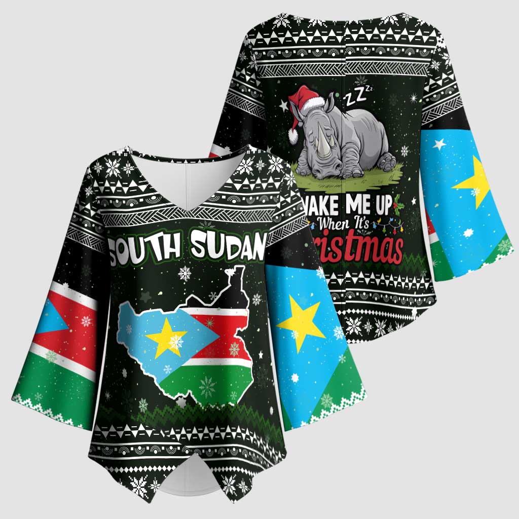 South Sudan Christmas Kimono Sleeve Blouse with National Map, Flag Colors, and Sleeping Rhino Motif - Wonder Print Shop