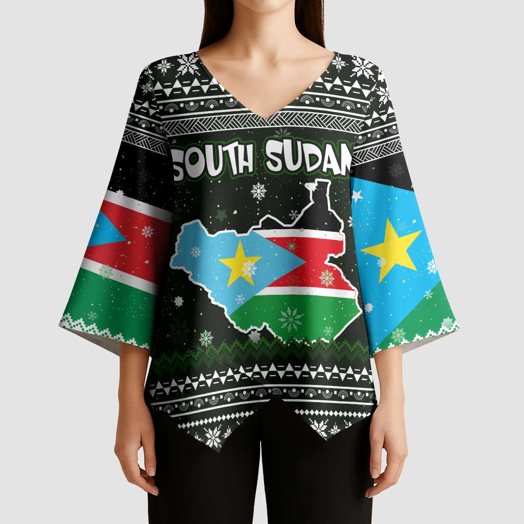 South Sudan Christmas Kimono Sleeve Blouse with National Map, Flag Colors, and Sleeping Rhino Motif - Wonder Print Shop