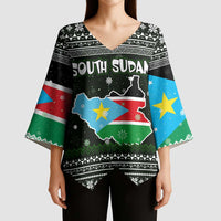 South Sudan Christmas Kimono Sleeve Blouse with National Map, Flag Colors, and Sleeping Rhino Motif - Wonder Print Shop