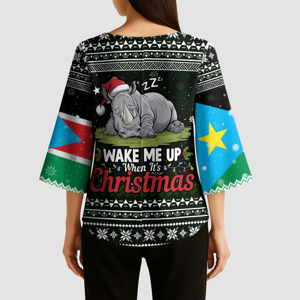 South Sudan Christmas Kimono Sleeve Blouse with National Map, Flag Colors, and Sleeping Rhino Motif - Wonder Print Shop