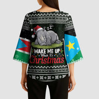 South Sudan Christmas Kimono Sleeve Blouse with National Map, Flag Colors, and Sleeping Rhino Motif - Wonder Print Shop
