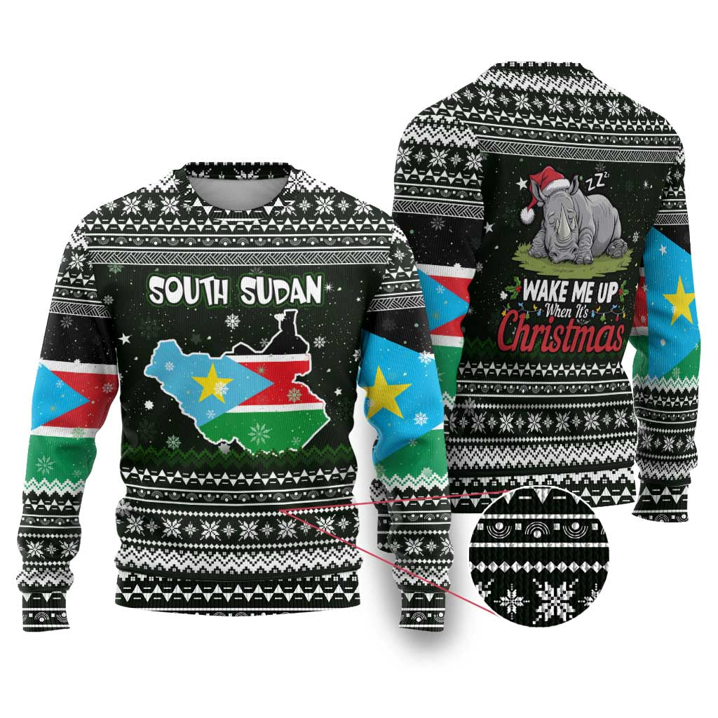 South Sudan Christmas Ugly Christmas Sweater with National Map, Flag Colors, and Sleeping Rhino Motif - Wonder Print Shop