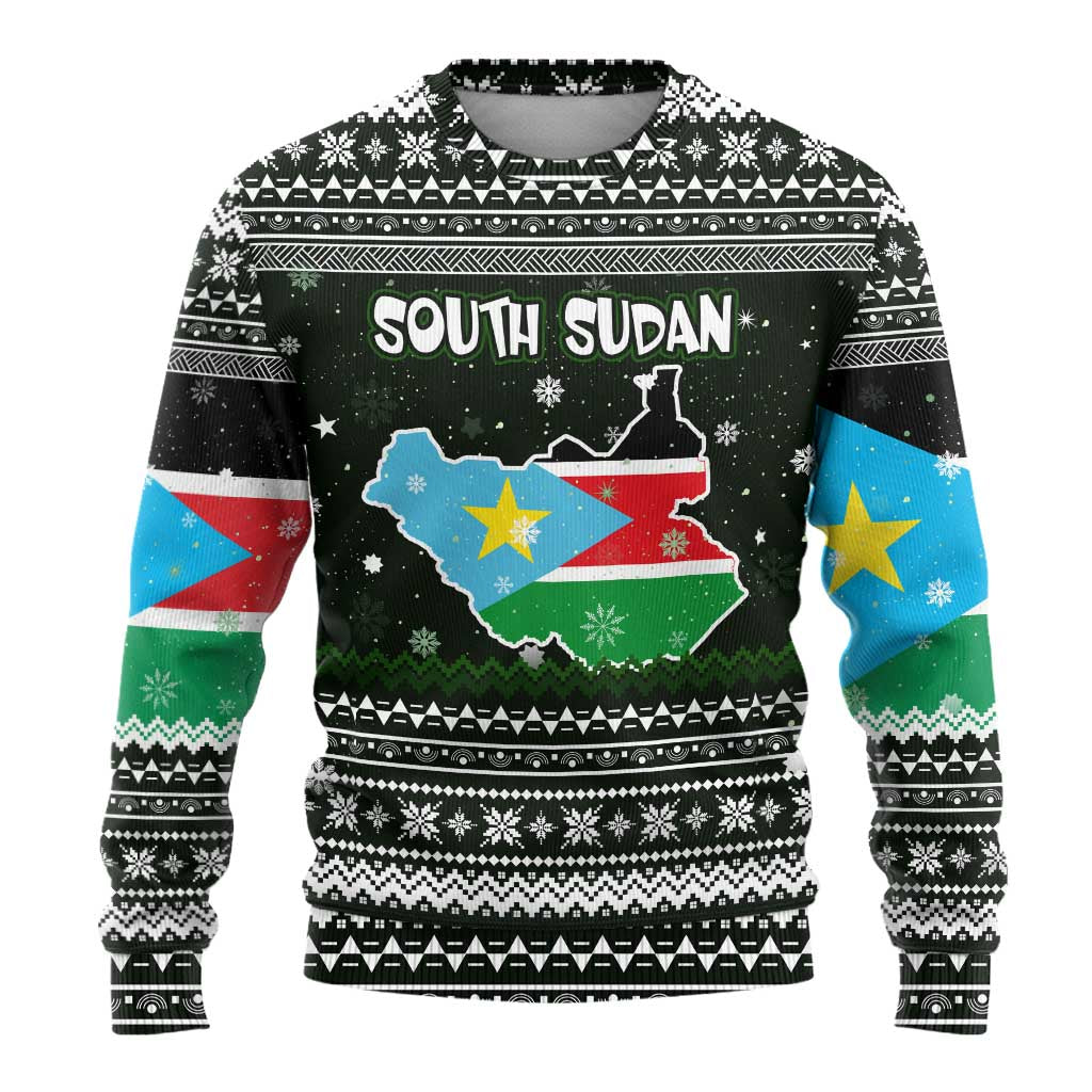 South Sudan Christmas Ugly Christmas Sweater with National Map, Flag Colors, and Sleeping Rhino Motif - Wonder Print Shop