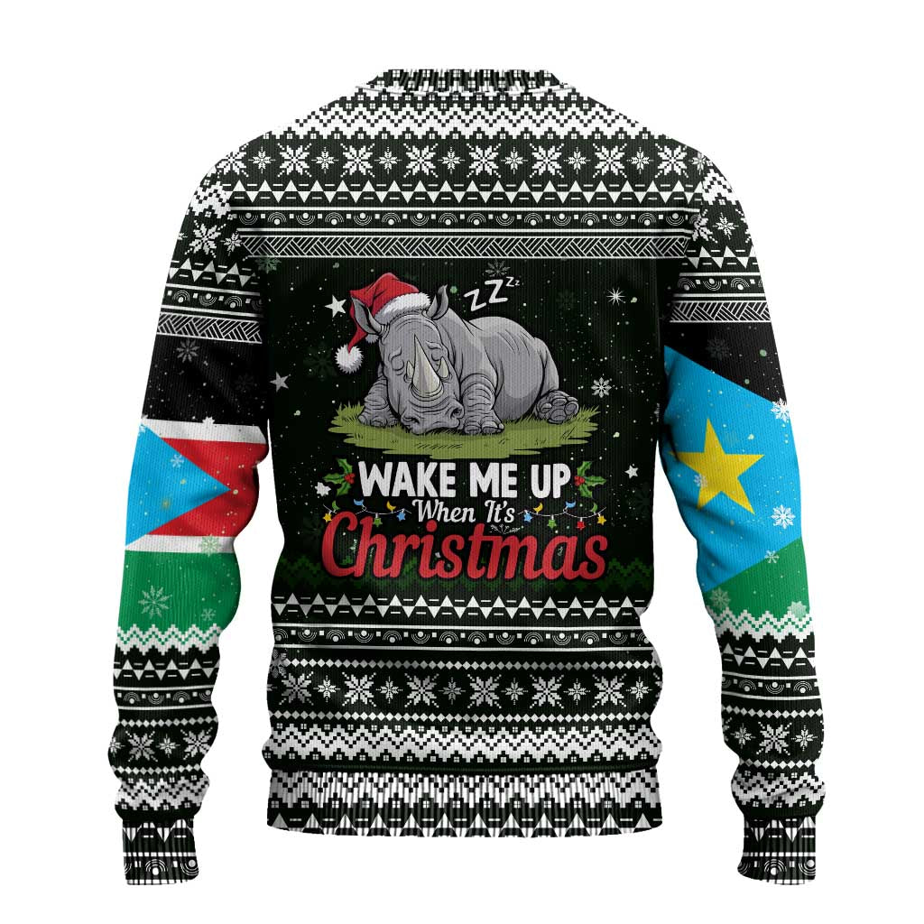South Sudan Christmas Ugly Christmas Sweater with National Map, Flag Colors, and Sleeping Rhino Motif - Wonder Print Shop