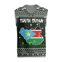 South Sudan Christmas Knitted V-Neck Vest with National Map, Flag Colors, and Sleeping Rhino Motif - Wonder Print Shop