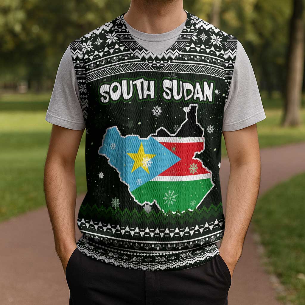 South Sudan Christmas Knitted V-Neck Vest with National Map, Flag Colors, and Sleeping Rhino Motif - Wonder Print Shop