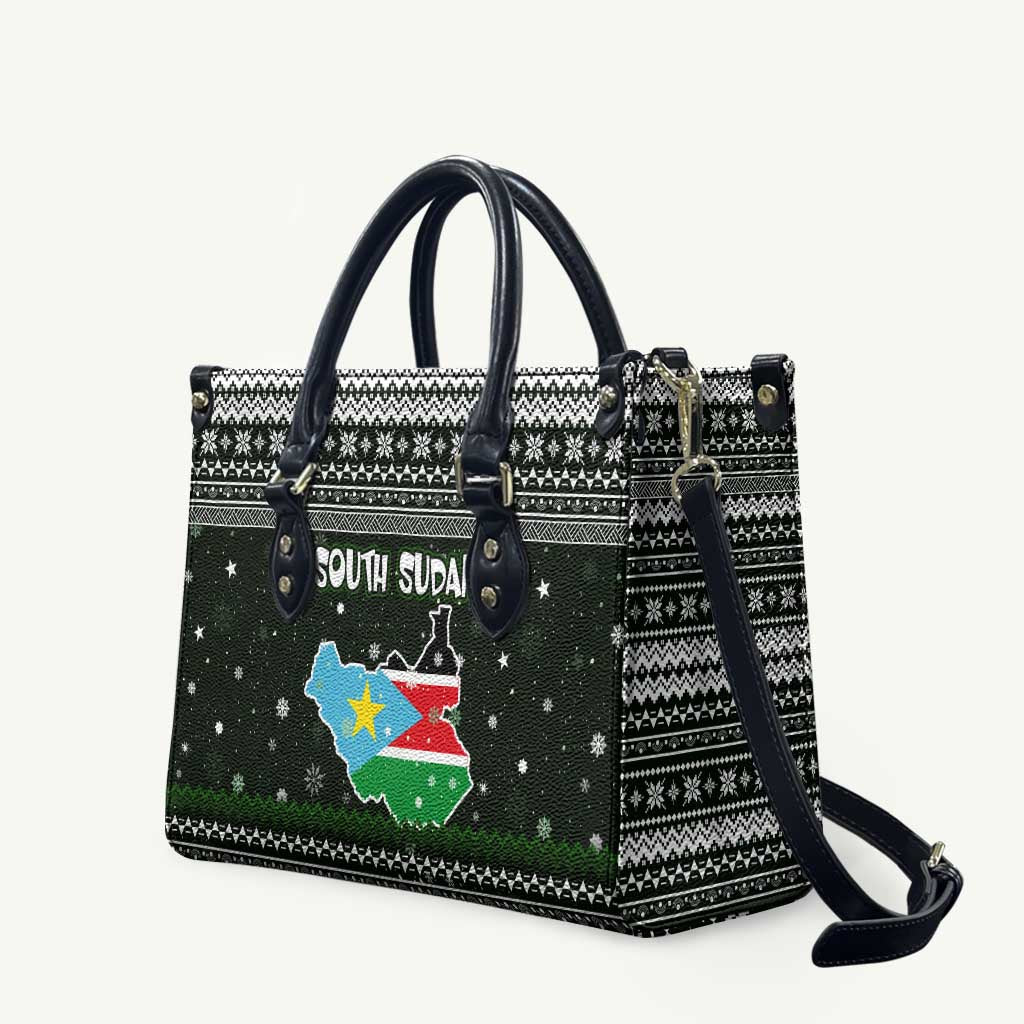 South Sudan Christmas Leather Bag with National Map, Flag Colors, and Sleeping Rhino Motif - Wonder Print Shop
