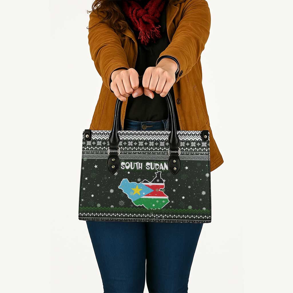 South Sudan Christmas Leather Bag with National Map, Flag Colors, and Sleeping Rhino Motif - Wonder Print Shop