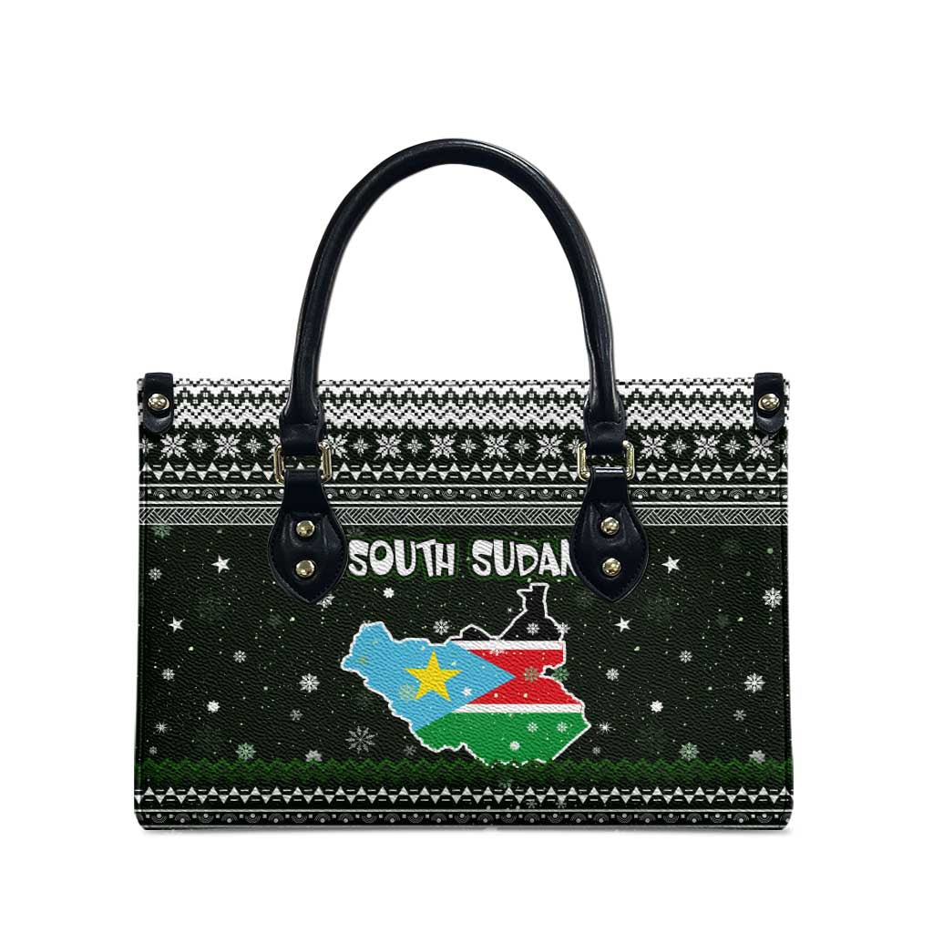 South Sudan Christmas Leather Bag with National Map, Flag Colors, and Sleeping Rhino Motif - Wonder Print Shop