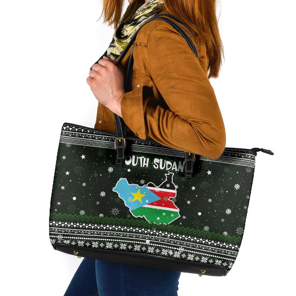 South Sudan Christmas Leather Tote Bag with National Map, Flag Colors, and Sleeping Rhino Motif - Wonder Print Shop