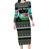South Sudan Christmas Long Sleeve Bodycon Dress with National Map, Flag Colors, and Sleeping Rhino Motif - Wonder Print Shop