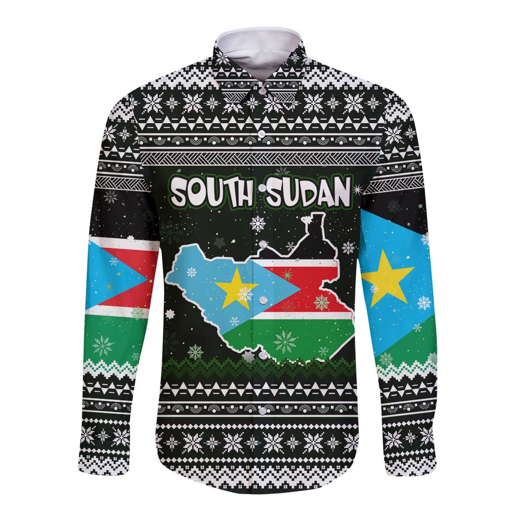 South Sudan Christmas Long Sleeve Button Shirt with National Map, Flag Colors, and Sleeping Rhino Motif - Wonder Print Shop