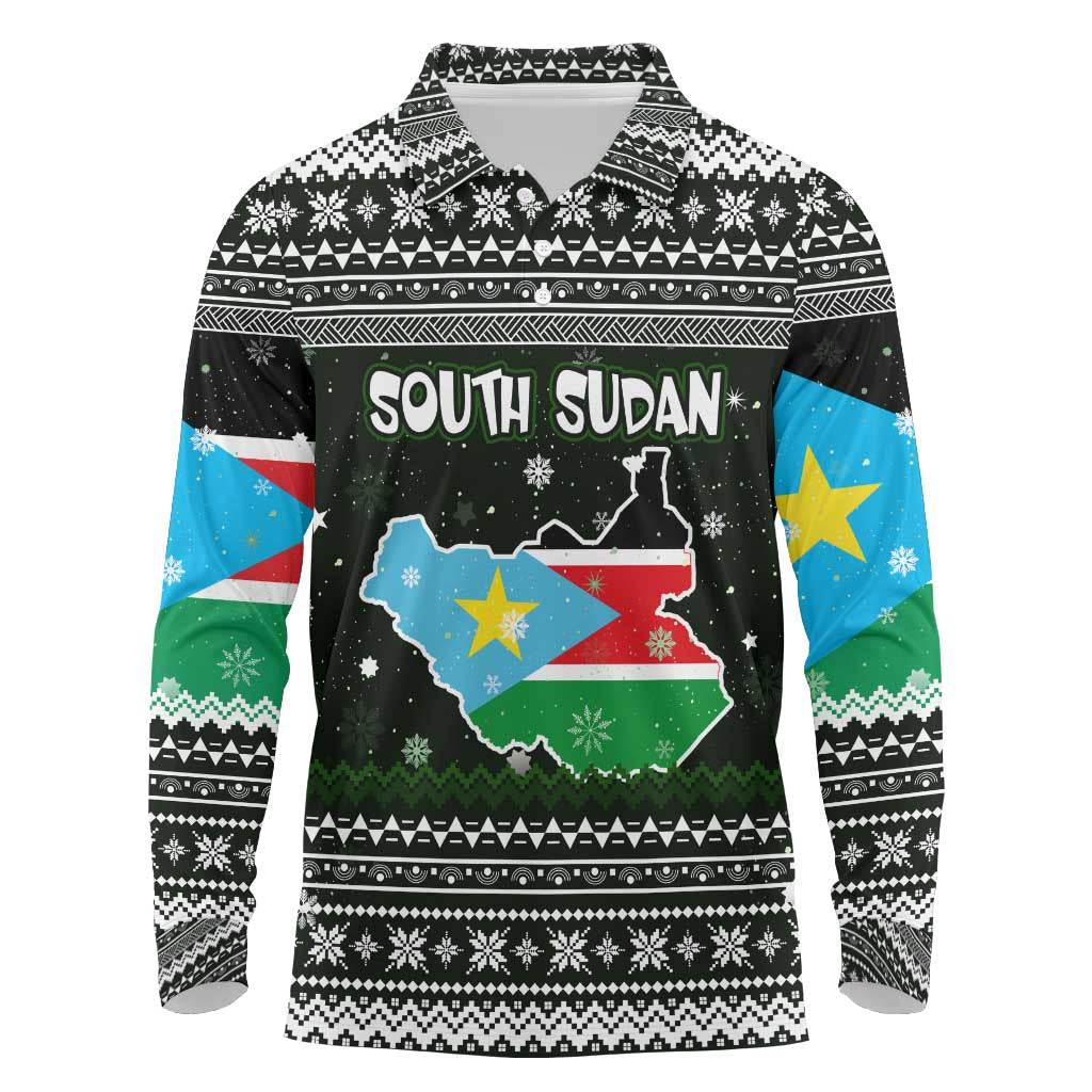 South Sudan Christmas Long Sleeve Polo Shirt with National Map, Flag Colors, and Sleeping Rhino Motif - Wonder Print Shop