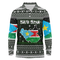 South Sudan Christmas Long Sleeve Polo Shirt with National Map, Flag Colors, and Sleeping Rhino Motif - Wonder Print Shop
