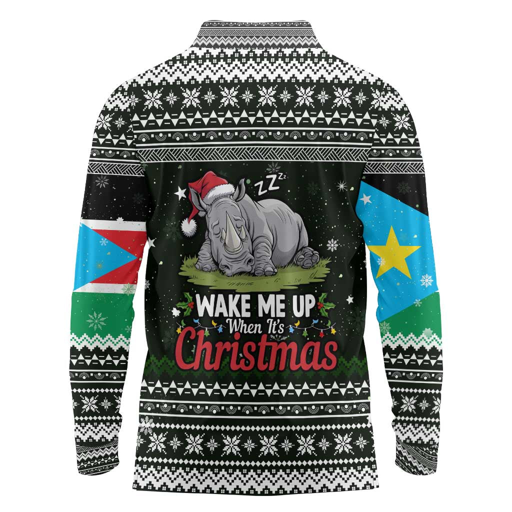 South Sudan Christmas Long Sleeve Polo Shirt with National Map, Flag Colors, and Sleeping Rhino Motif - Wonder Print Shop