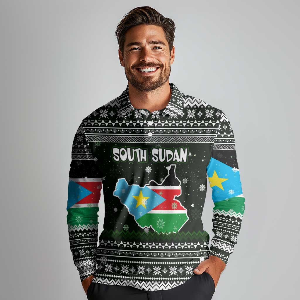 South Sudan Christmas Long Sleeve Polo Shirt with National Map, Flag Colors, and Sleeping Rhino Motif - Wonder Print Shop