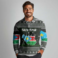 South Sudan Christmas Long Sleeve Polo Shirt with National Map, Flag Colors, and Sleeping Rhino Motif - Wonder Print Shop
