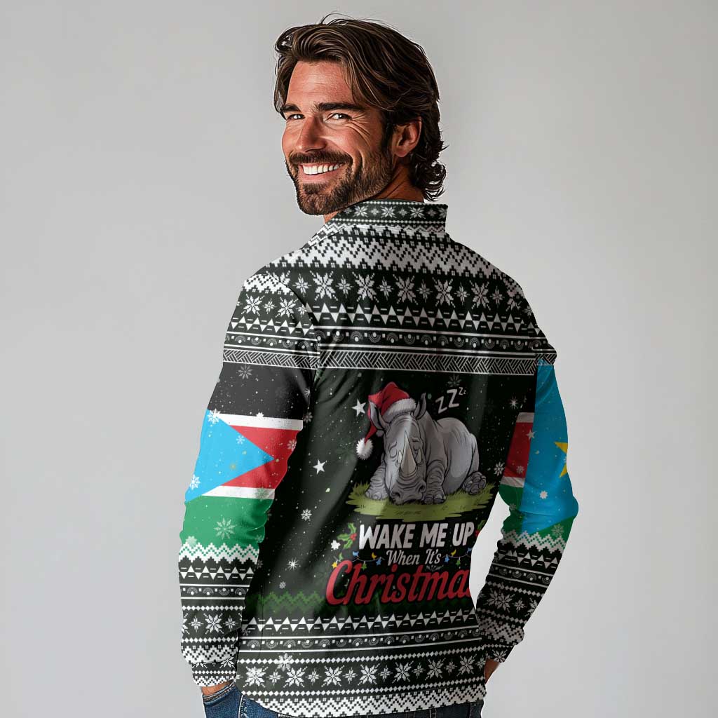 South Sudan Christmas Long Sleeve Polo Shirt with National Map, Flag Colors, and Sleeping Rhino Motif - Wonder Print Shop