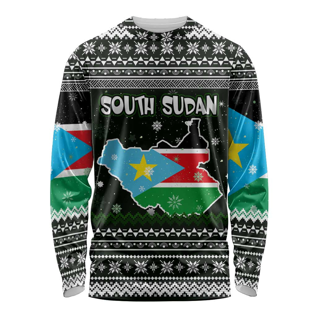 South Sudan Christmas Long Sleeve Shirt with National Map, Flag Colors, and Sleeping Rhino Motif - Wonder Print Shop