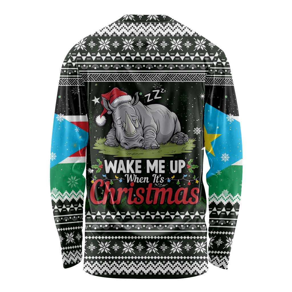 South Sudan Christmas Long Sleeve Shirt with National Map, Flag Colors, and Sleeping Rhino Motif - Wonder Print Shop